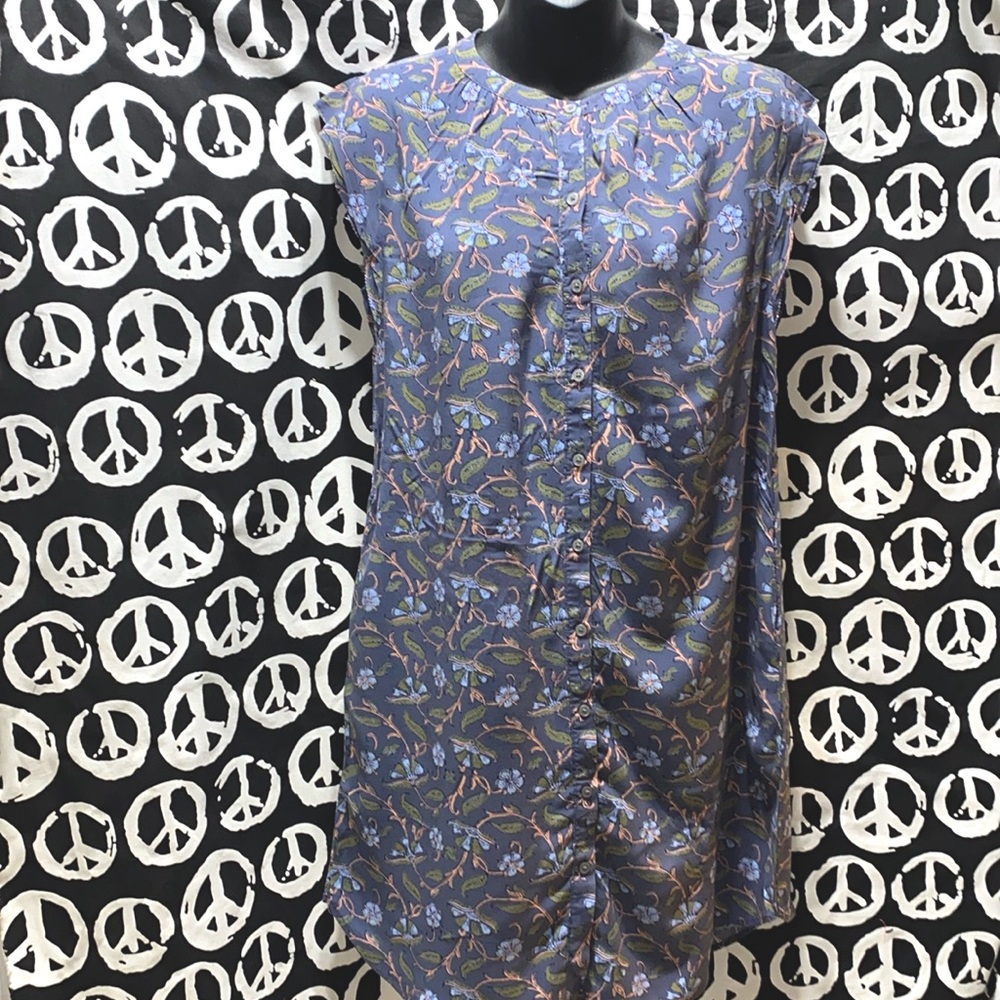 LOFT PETITES FLORAL BUTTON-DOWN CAP SLEEVE DRESS RAYON SZ SP GREY/ GREEN/PINK